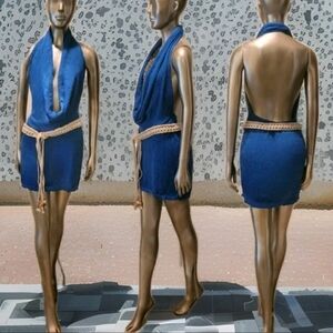 NWT Blue Sexy Deep Cowl Neck Halter Ibiza Festival Mini Dress